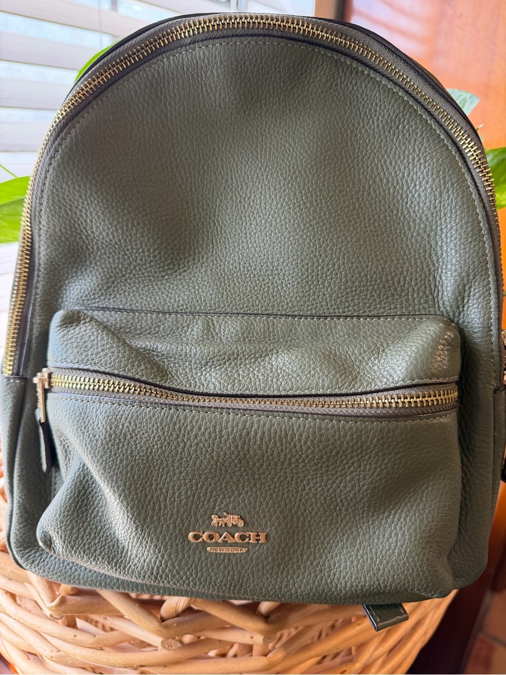 Coach Olive Green Pebbled Leather Backpack with Gold-Tone Hardware